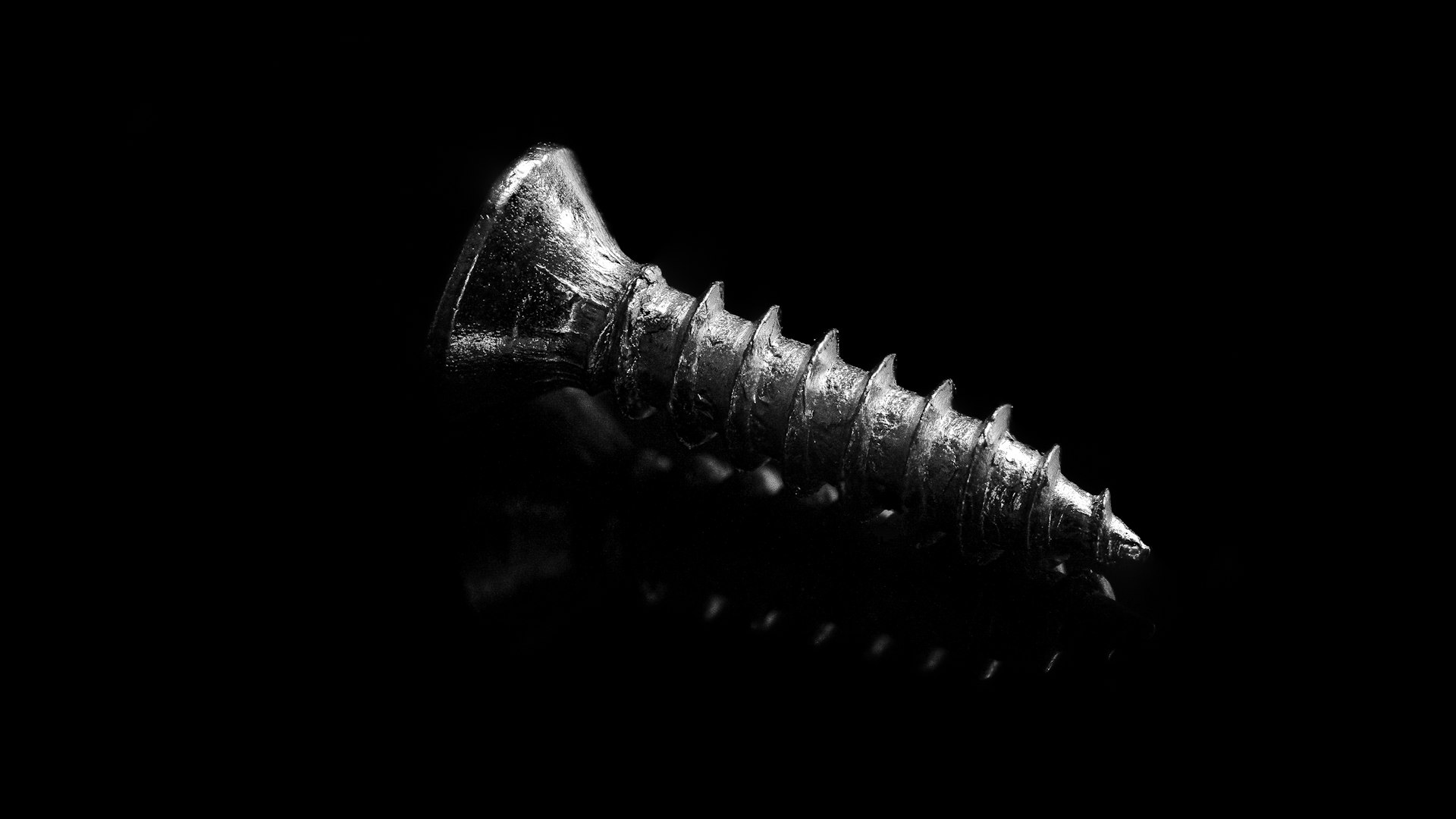 A single machined screw lit from the left against a matte black field